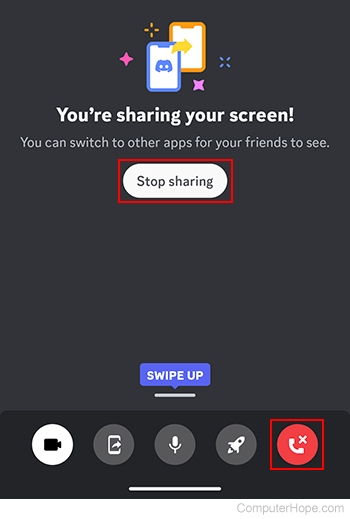 Ending a screen share on Discord mobile.