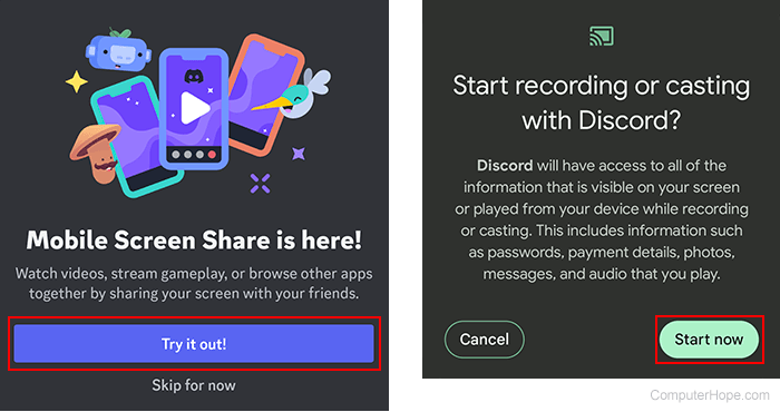 Starting a screen share on Discord mobile.