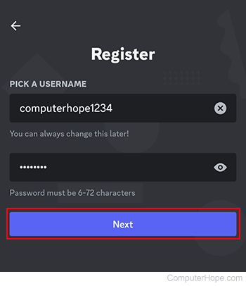 Registering a username and password on Discord mobile.