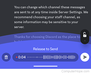 Recording a voice message on Discord mobile app.