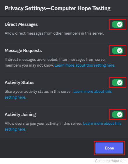 Privacy settings on Discord