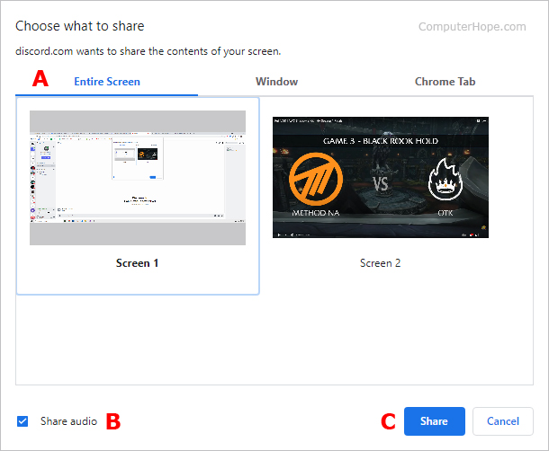 Screen sharing options in Discord.