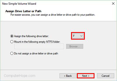 Choose a drive letter for the new volume.