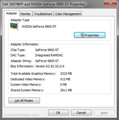 Display properties properly showing system memory