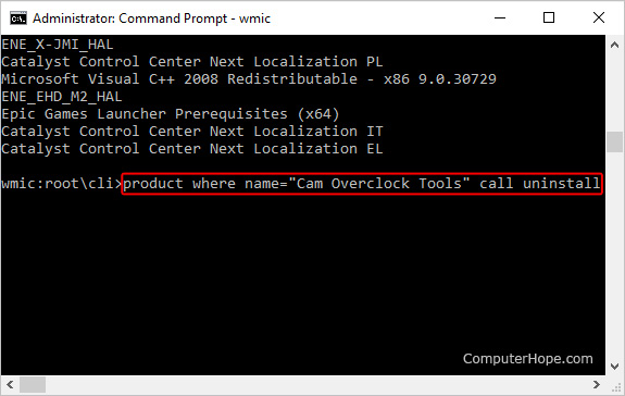 Uninstalling a program in Command Prompt.