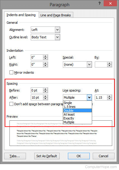 Microsoft Word Line spacing settings - new document