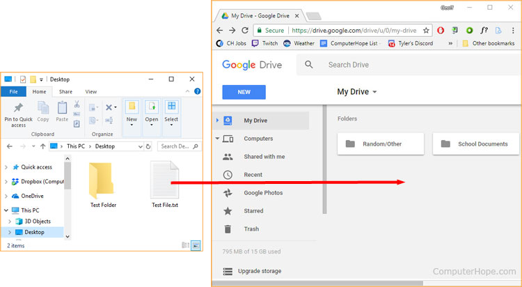 File being dragged and dropped into Google Drive.