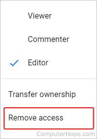 Remove access selector in Google Drive.