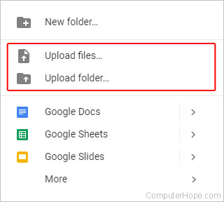 Drop-down menu used to select files and folders to add to Google Drive.