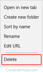 Menu that allows users to delete a favorites in Edge Legacy.