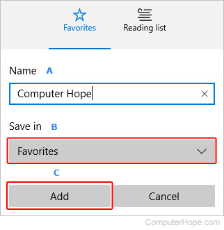 Menu users may name and save bookmarks in Microsoft Edge.
