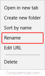Menu that allows users to rename their favorites in Edge.