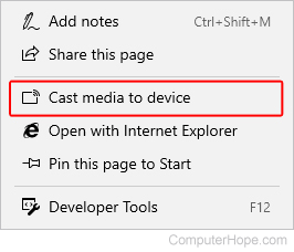 Option to cast to a device in Microsoft Edge.