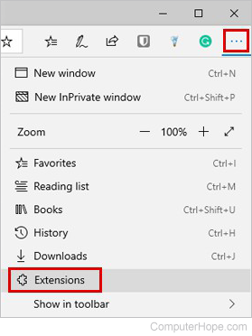 Edge legacy extensions menu