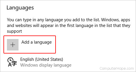 Seção onde você pode adicionar um idioma ao Edge.