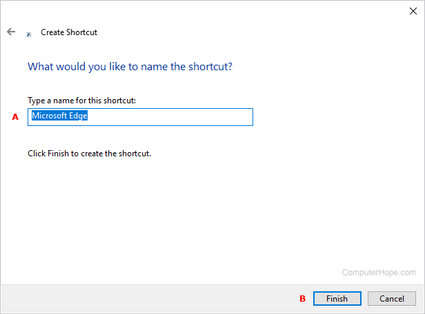 Choosing a shortcut name for Microsoft Edge.