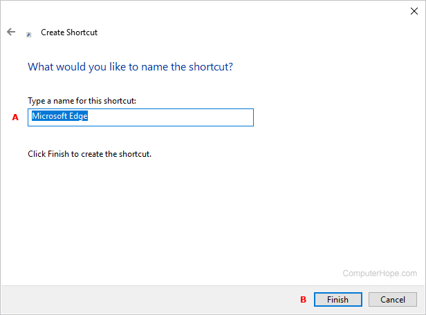 Escolha de um nome de atalho para o Microsoft Edge.