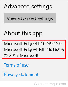 Settings showing the current version of Microsoft Edge.