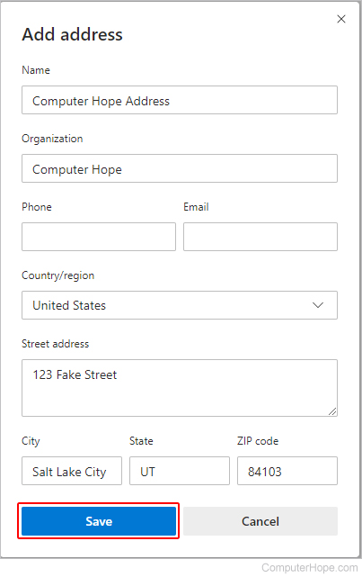 Adding and address in Edge.