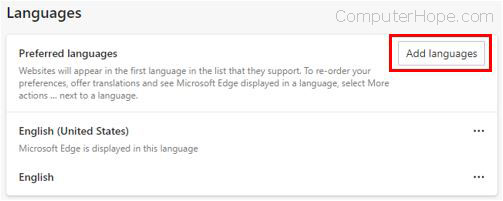 Add languages button in Edge.