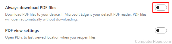 Toggle switch for downloading PDF files in Edge.
