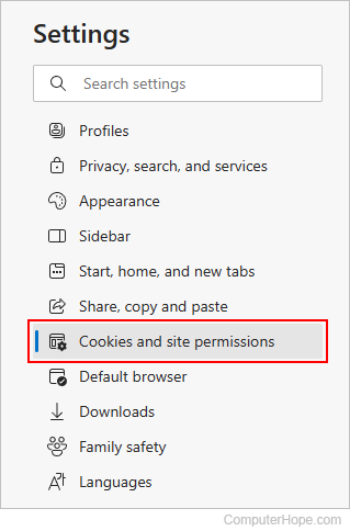 Cookies and site permissions selector in Edge.