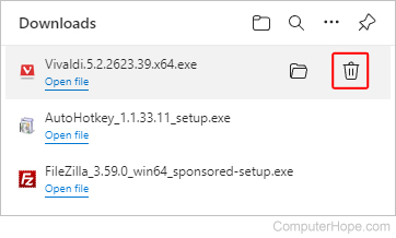 Deleting a single download entry in Edge.
