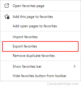 Export favorites selector in Edge.