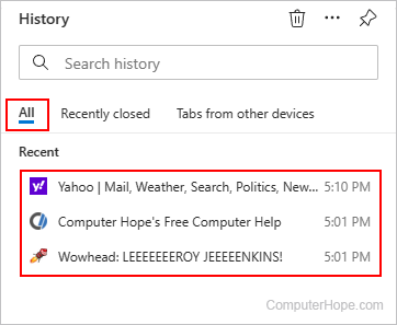 Showing all history on Microsoft Edge.