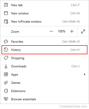 History selector in Edge.