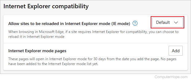 Mengaktifkan mode IE di Edge.