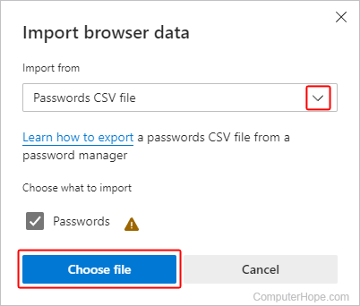 Choosing to import a CSV file in Edge.