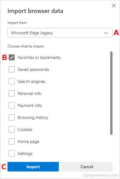Importing favorites or bookmarks in Edge.