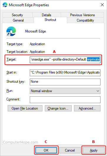 Setting InPrivate as the default method in Edge.