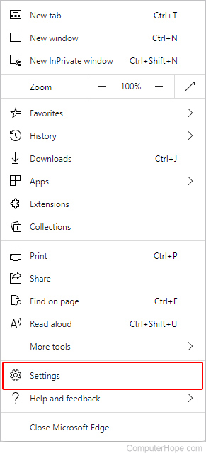 Pemilih untuk menu Pengaturan di Microsoft Edge.