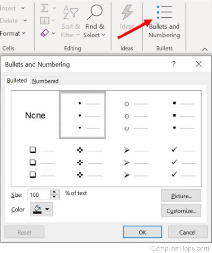 Add bullet list in Excel