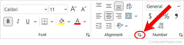 Alignment Settings icon on the Home tab in Microsoft Excel