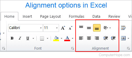 Microsoft Excel Home tab, Alignment section - Change cell alignment