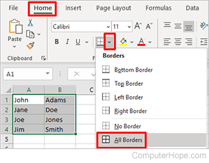Excel All borders with data
