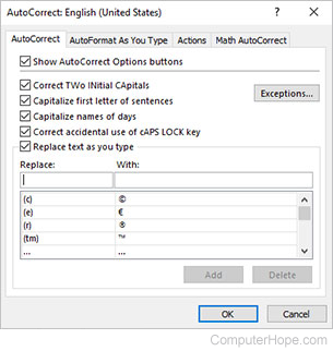 Microsoft Excel AutoCorrect settings