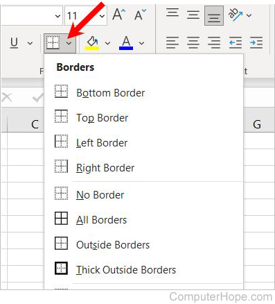 Microsoft Excel cell border options