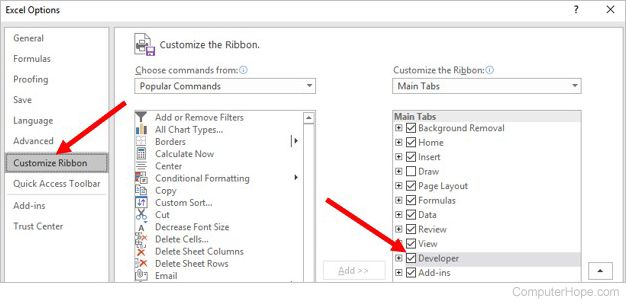 Enable Developer tab in Microsoft Excel