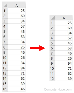 Duplicate values removed in Excel spreadsheet