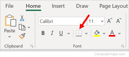 Microsoft Excel Home tab, Font section - Set cell border