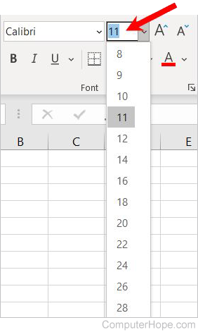Microsoft Excel font size options