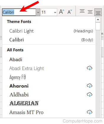 Microsoft Excel font type options