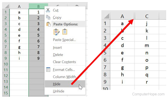 Hide column in Microsoft Excel.