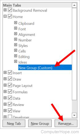 Rename new group in Excel Ribbon