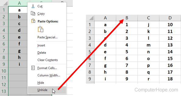 Unhide a hidden column in Excel