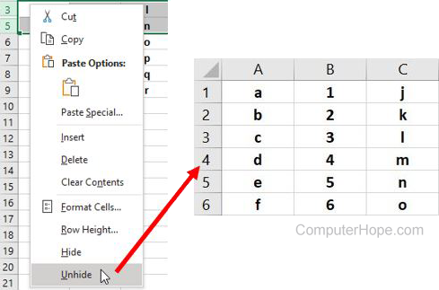 Unhide a hidden row in Excel